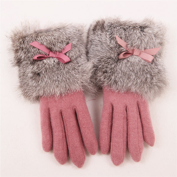 Bow Tie Rabbit Fur Wool Winter Gloves