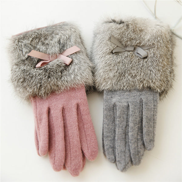 Bow Tie Rabbit Fur Wool Winter Gloves