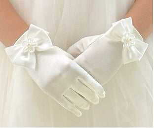 Satin With Bow Tie Pearl Wrist Gloves