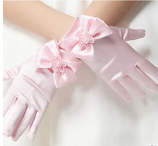Satin With Bow Tie Pearl Wrist Gloves