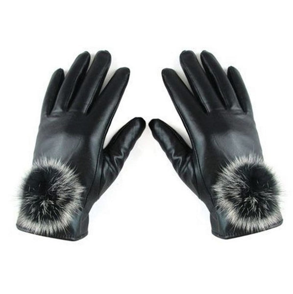 Leather Wrist Rabbit Fur Ball Gloves