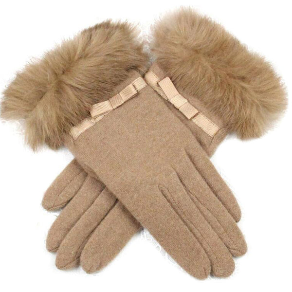 Fur Ribbon Tie Wrist Gloves