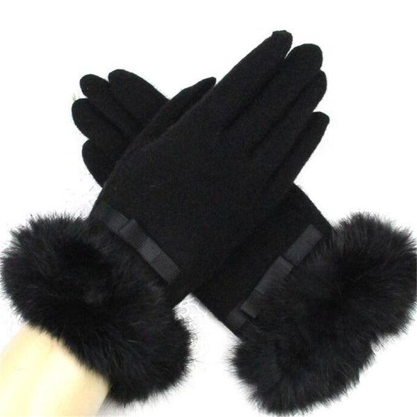 Fur Ribbon Tie Wrist Gloves