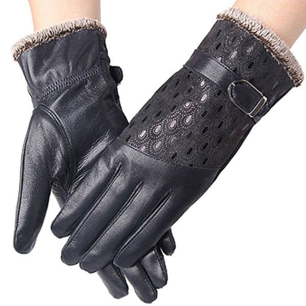 Warm Dot Pattern Buckle Leather Wrist Gloves