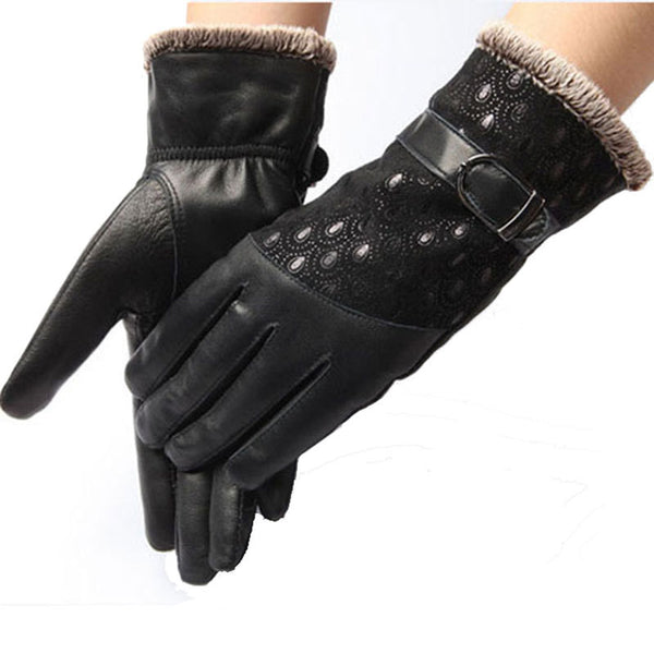 Warm Dot Pattern Buckle Leather Wrist Gloves