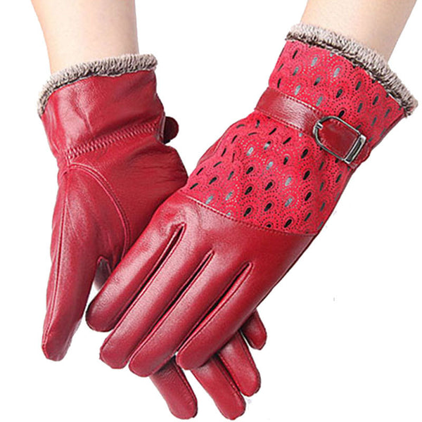 Warm Dot Pattern Buckle Leather Wrist Gloves