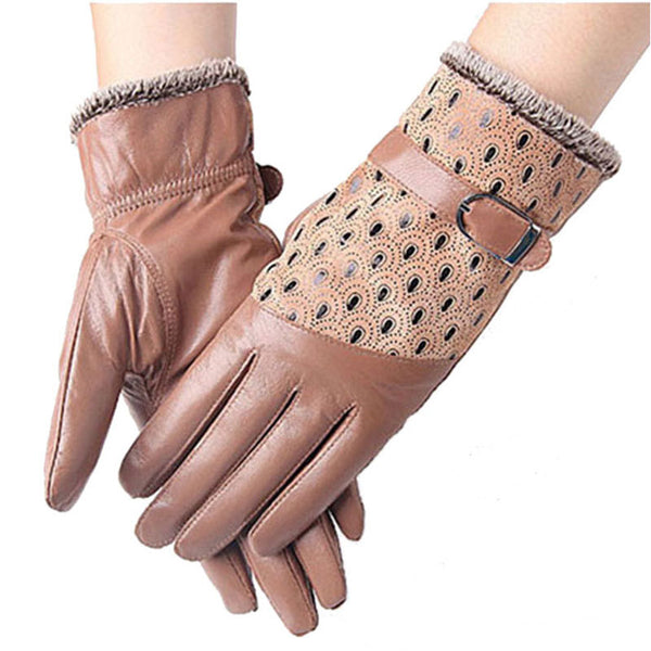 Warm Dot Pattern Buckle Leather Wrist Gloves