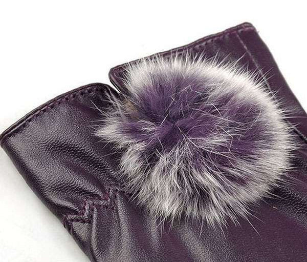 Leather Wrist Rabbit Fur Ball Gloves