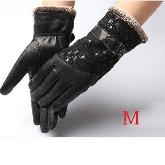 Warm Dot Pattern Buckle Leather Wrist Gloves