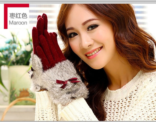 Bow Tie Rabbit Fur Wool Winter Gloves