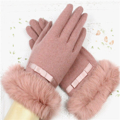 Fur Ribbon Tie Wrist Gloves