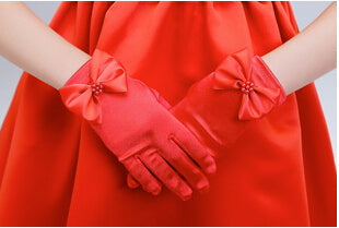 Satin With Bow Tie Pearl Wrist Gloves