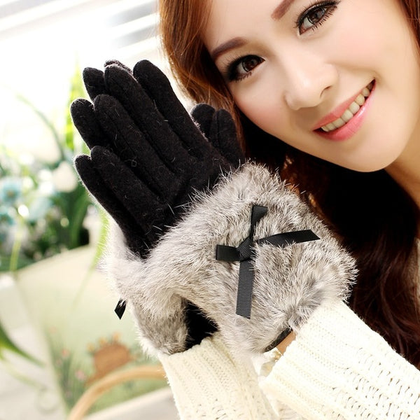 Bow Tie Rabbit Fur Wool Winter Gloves