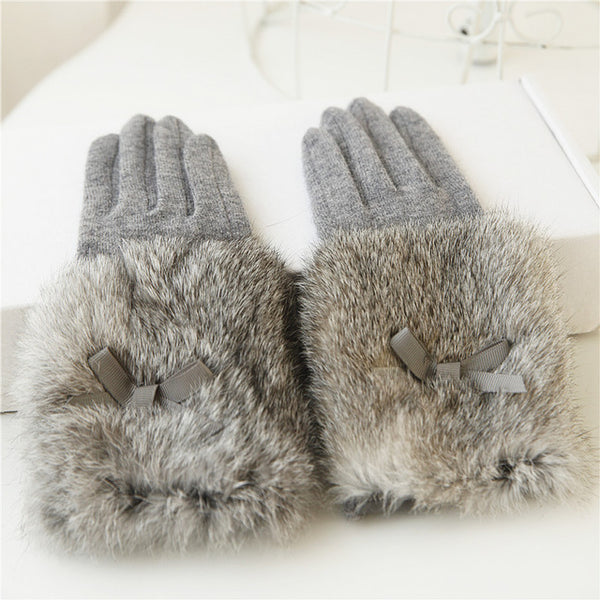 Bow Tie Rabbit Fur Wool Winter Gloves