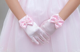Satin With Bow Tie Pearl Wrist Gloves