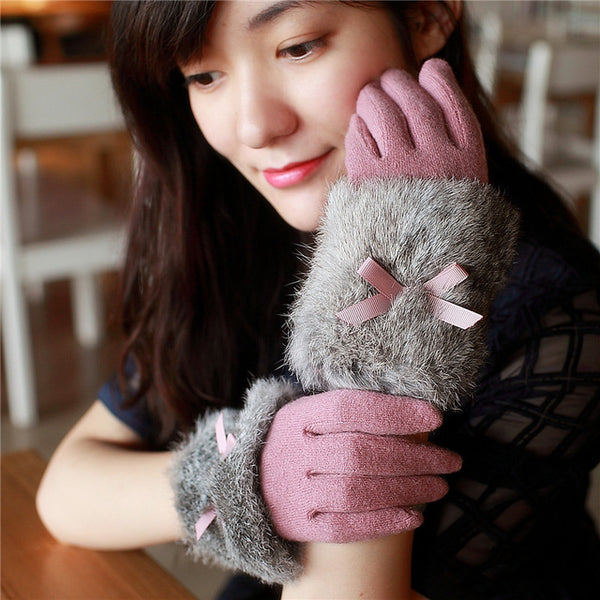 Bow Tie Rabbit Fur Wool Winter Gloves